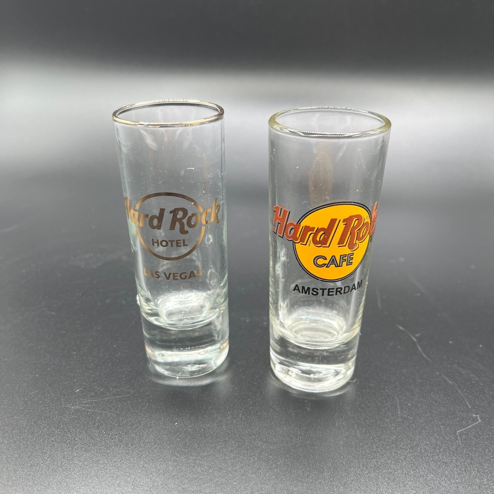 Vintage Hardrock Cafe Shot Glasses 4" Lot of two‎ Amsterdam and Vegas